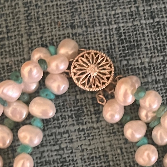 Rare Fresh Water Pearls & Turquoise Three Strand Necklace - Picture 4 of 14